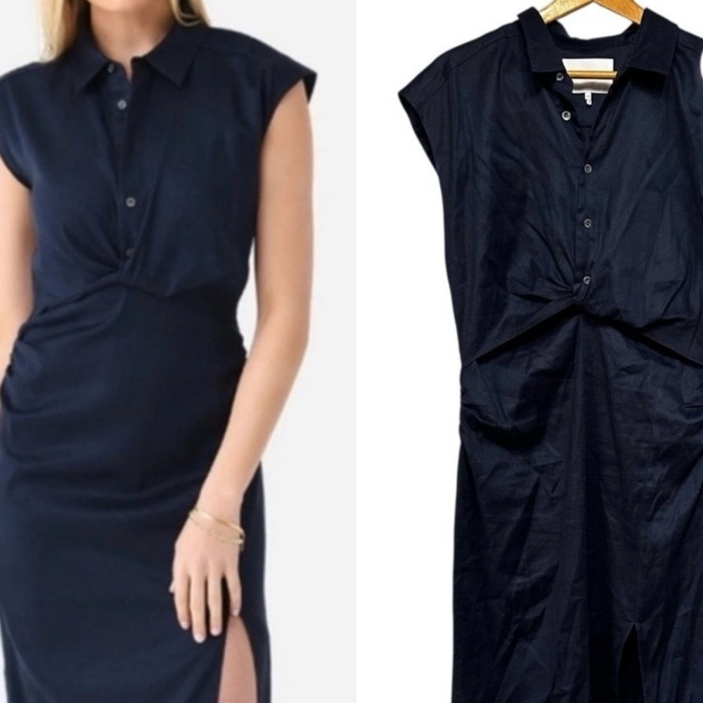 FRAME Sleeveless Navy Twist-Front Shirt Dress